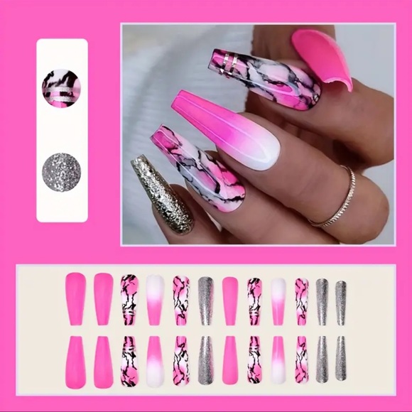 Press-On Nails, NIB, Pink, Black & White, Long Coffin, Party Ready Instantly - Picture 3 of 9